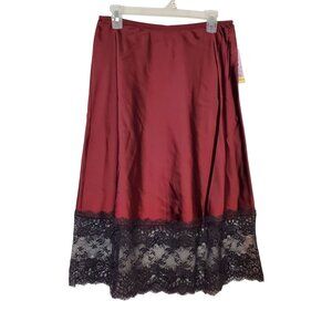 Wild Fable Burgundy Satin Midi Skirt With Black Lace Hem Womens Size M